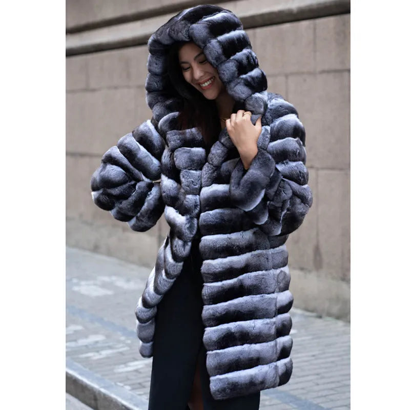 Zebra stripe faux fur overcoat for women, mid-length 65cm, regular sleeves, artificial mink fabric, size S-9XL