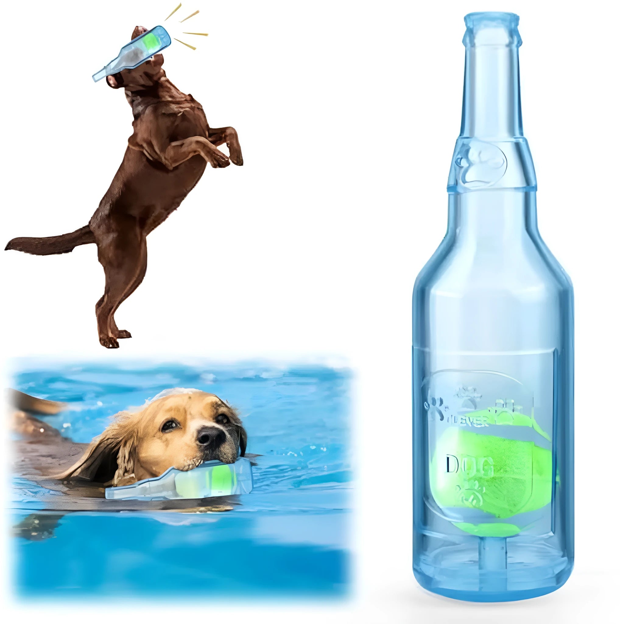 Blue natural rubber dog toy shaped like a water bottle with a squeaker tail.