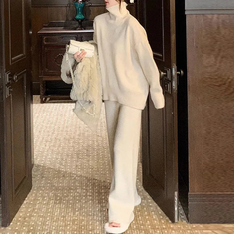 Women's acrylic fibre sweater and wide leg pants two-piece set in beige, black, grey, khaki or pink