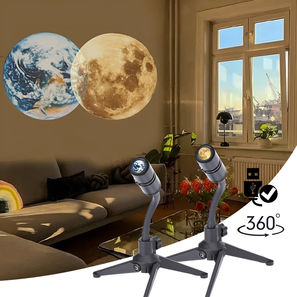 Earth and Moon star projection lamp with flexible hose bracket on a table