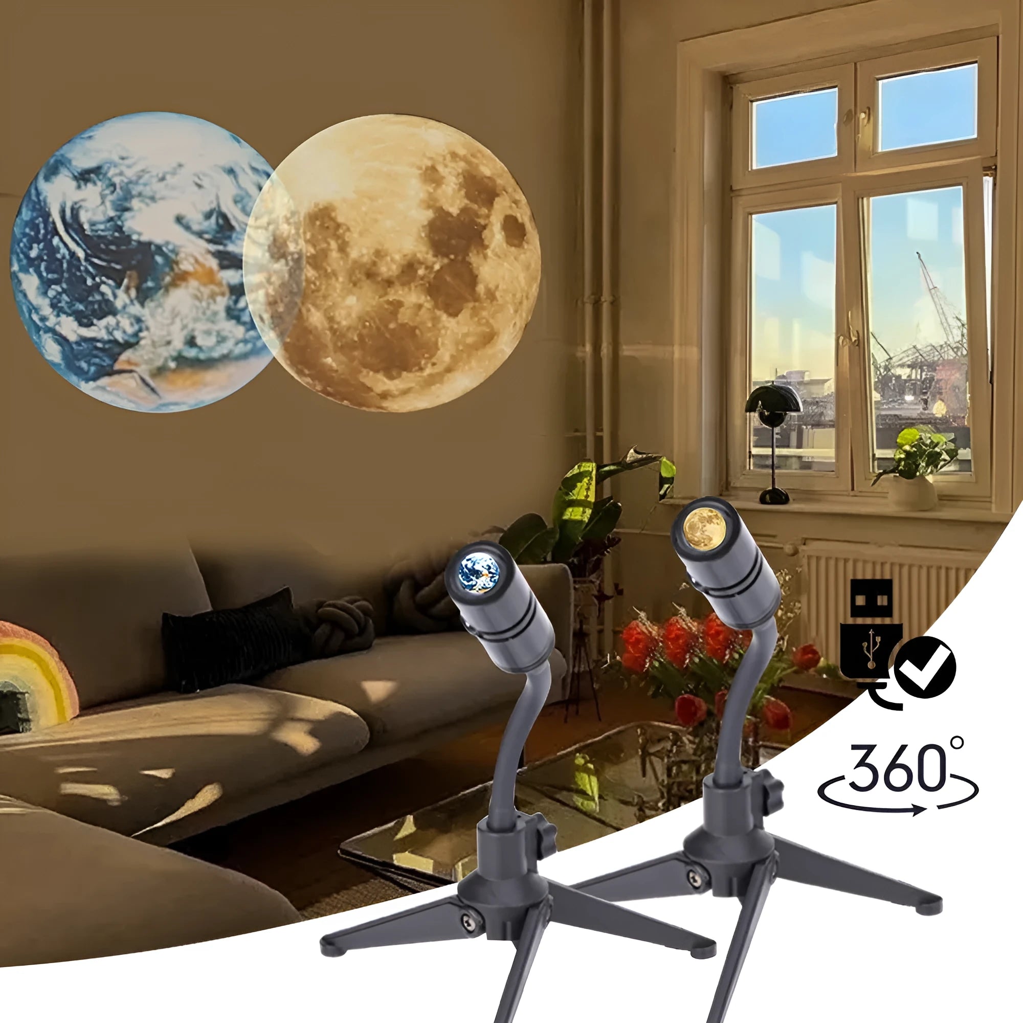 Earth and Moon star projection lamp with flexible hose bracket on a table