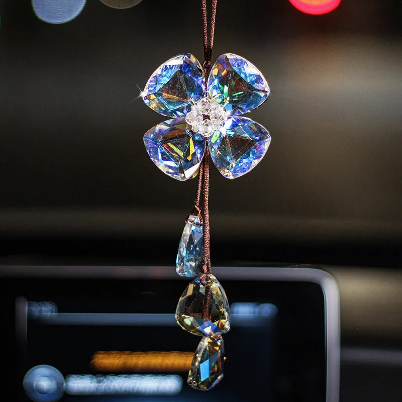 Crystal four leaf grass car pendant approximately 20cm in transparent, champagne, black or shiny finish