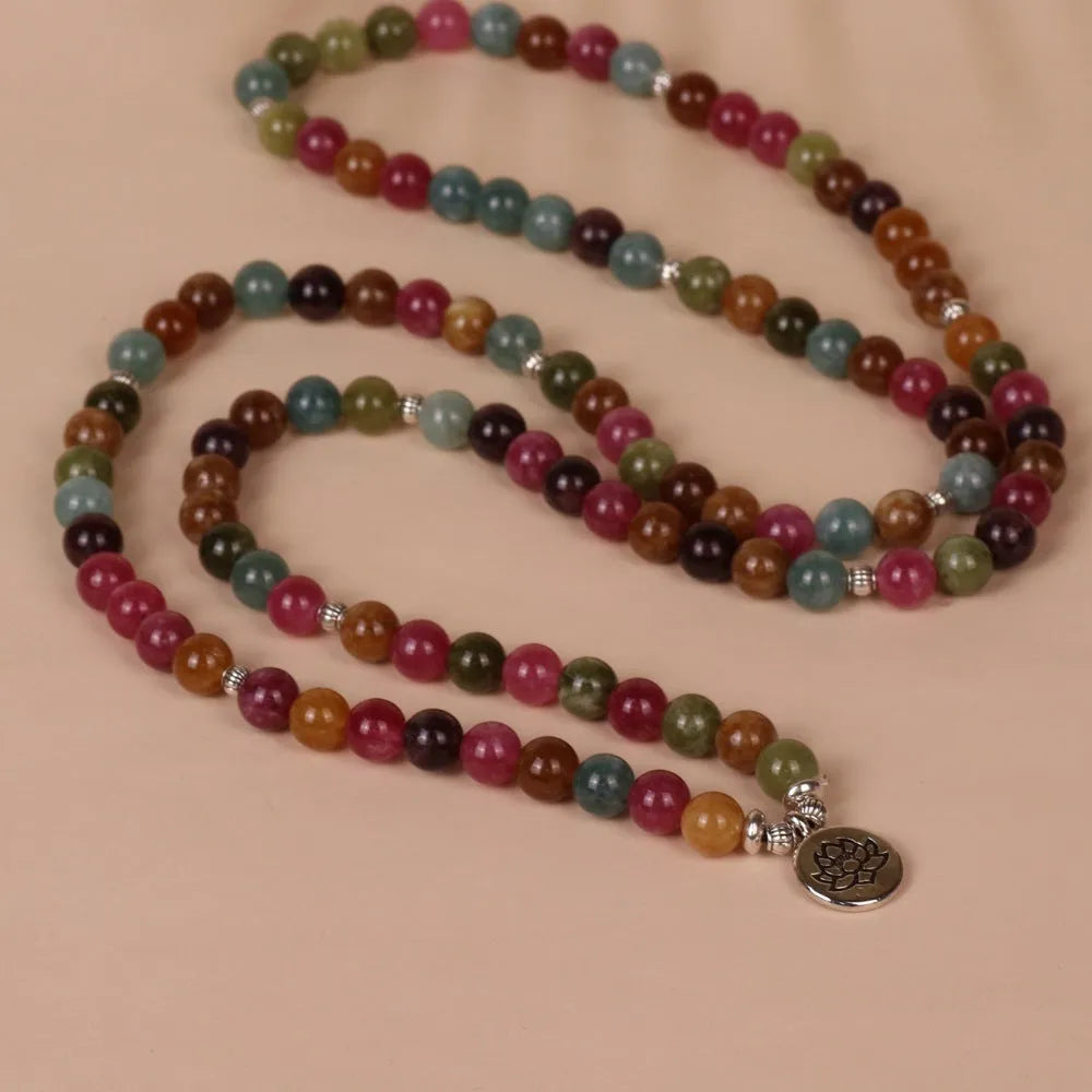 Tourmaline-coloured alloy bracelet with 108 beads and a hanging lotus charm
