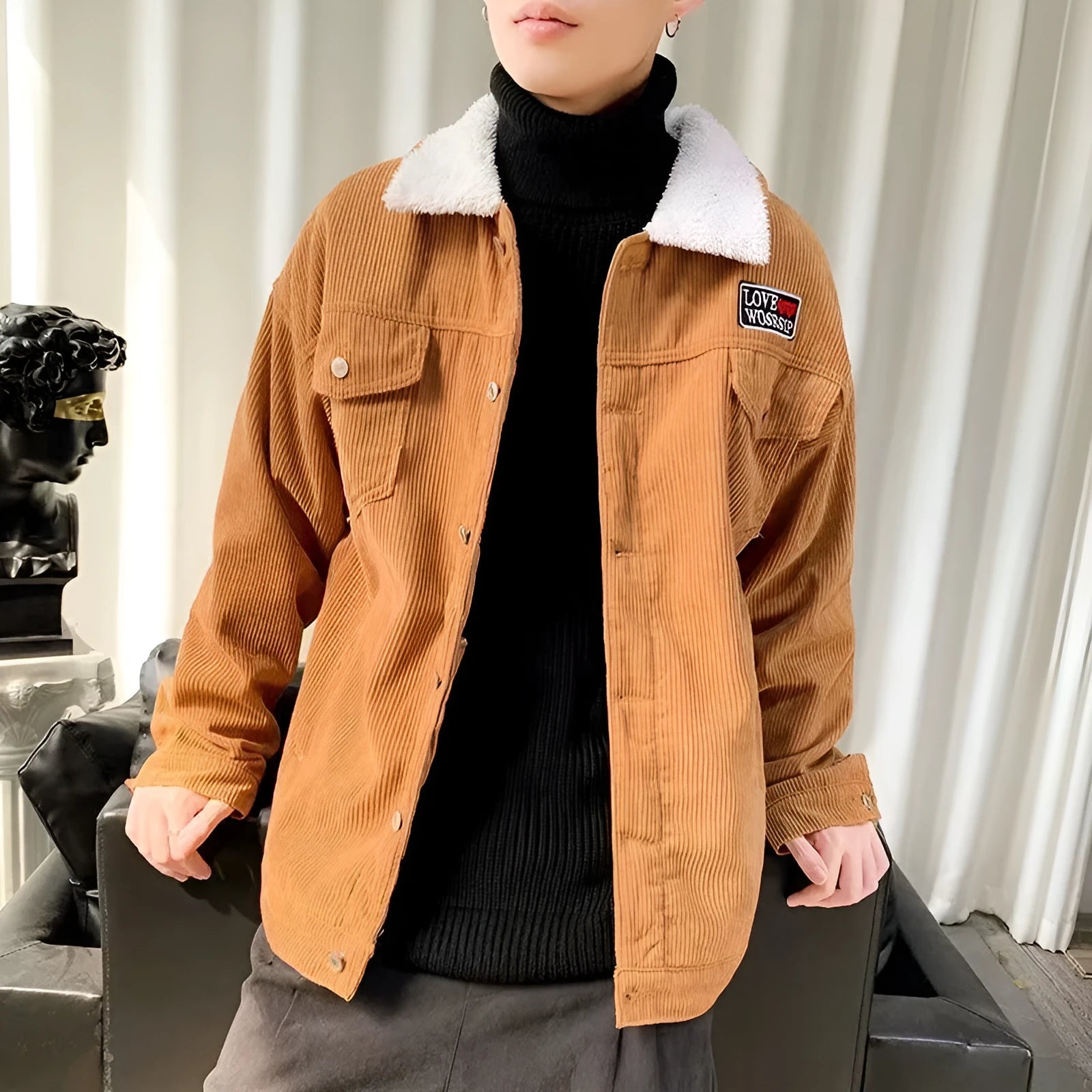 Men's loose fit corduroy jacket in khaki, green, or black with a stitched pocket.