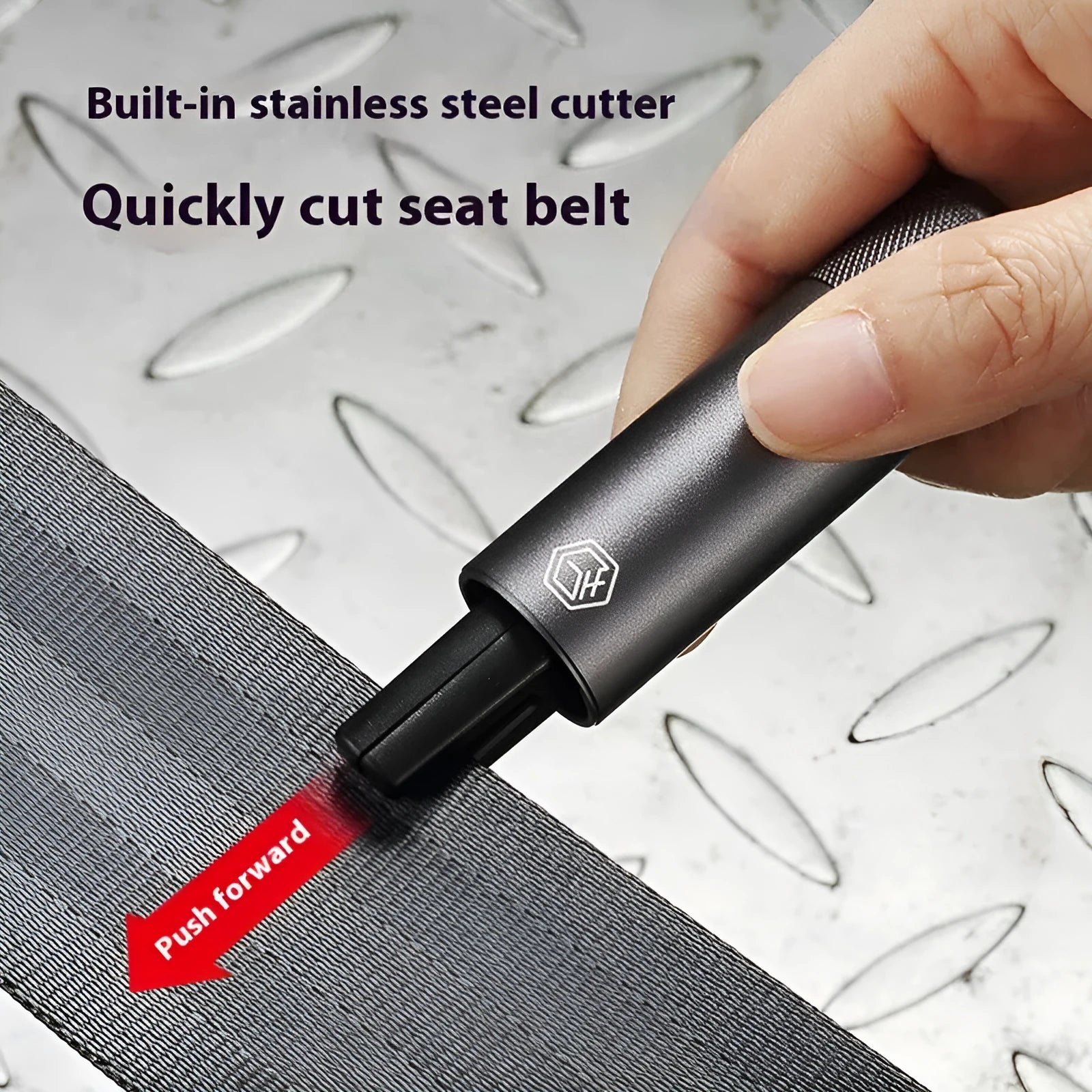 Gun grey aluminium alloy automobile safety hammer with seatbelt cutter, shown with test glass and 3M rubber base.