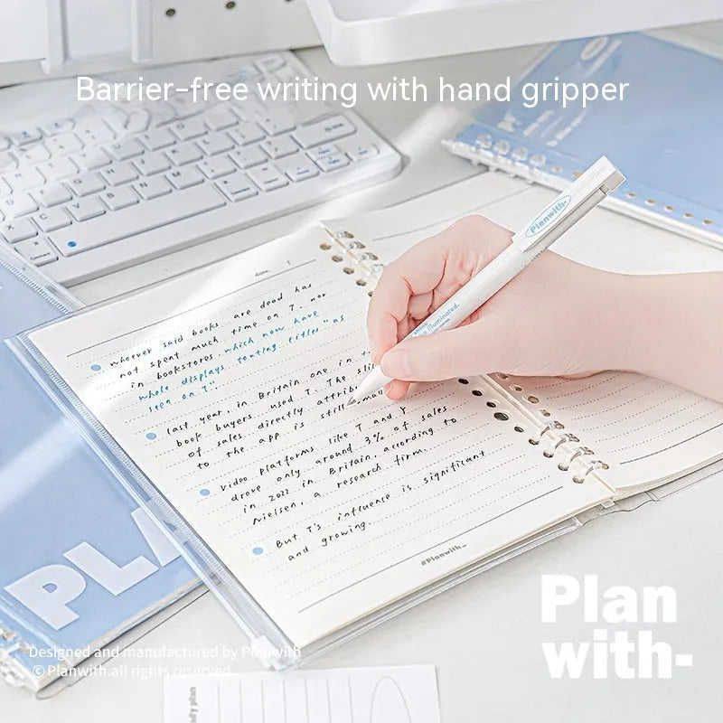 A5 size spiral-bound notebook with a PVC cover, shown in blue and white colour options.