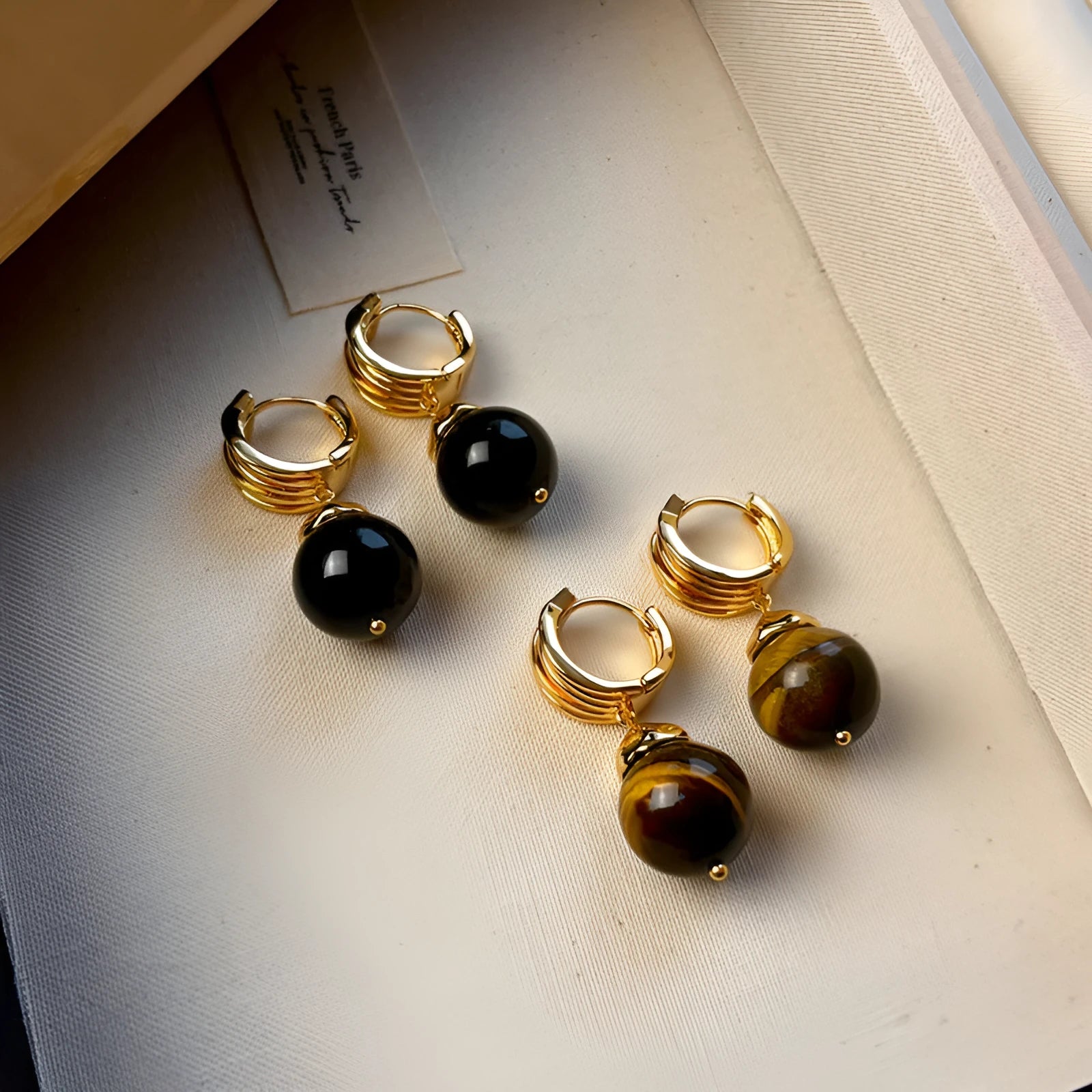 Geometric tigereye earrings with gold plating in brown and black French retro styles