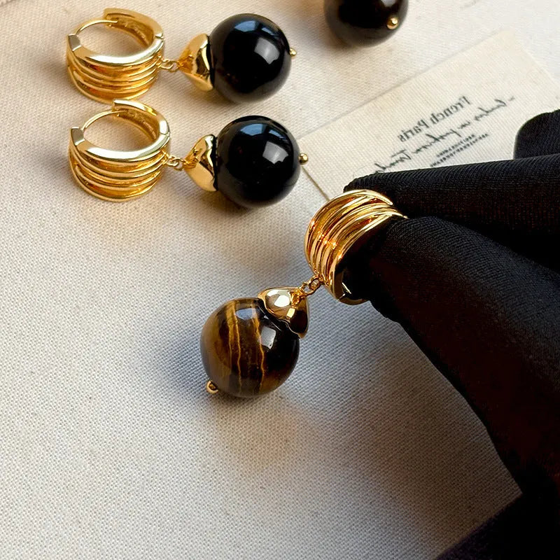 Geometric tigereye earrings with gold plating in brown and black French retro styles