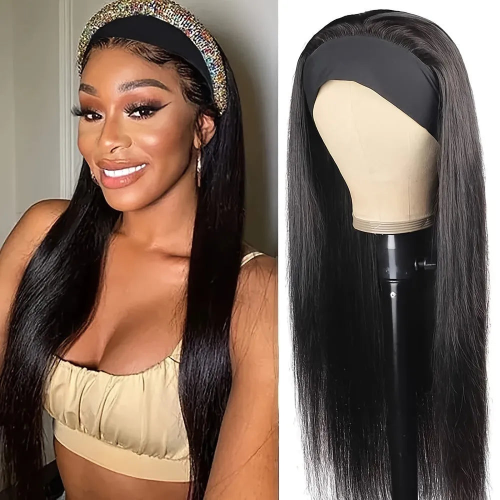Headband wig in high-temperature fibre available in black straight, black curly, or wine red.