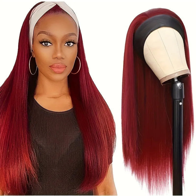Headband wig in high-temperature fibre available in black straight, black curly, or wine red.