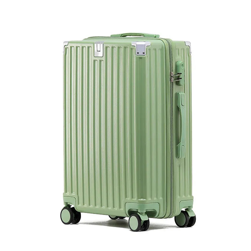 Aluminium frame trolley suitcase with USB port and universal wheels in avocado green colour.