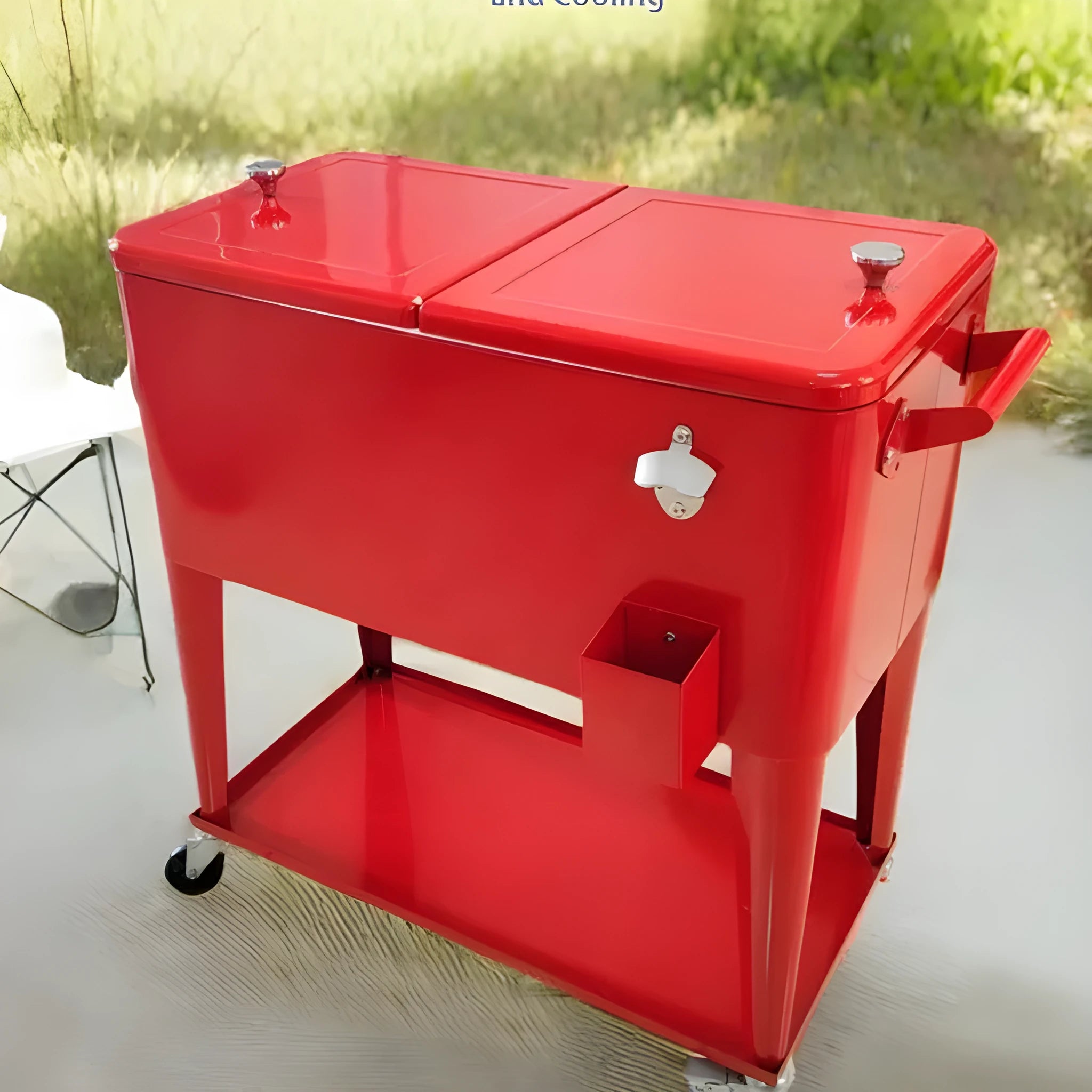 Red outdoor metal insulated trolley cooler with wheels for picnics, 750ml capacity.