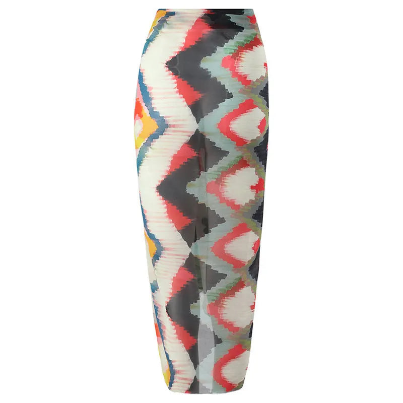 Women’s striped two-piece swimsuit with matching hip skirt in quick-dry polyester fabric