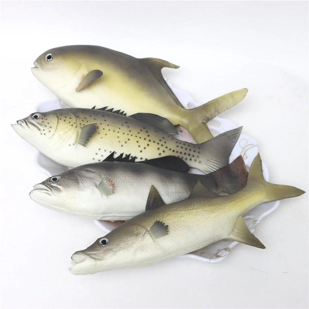 Three PU simulated fish ornaments: yellow-fin tuna, yellow croaker and flower fish models