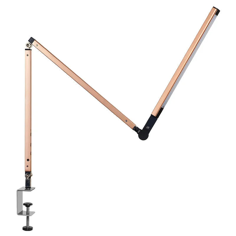 Aluminium clip-on desk lamp with remote control showing white, warm, and mixed LED light settings.