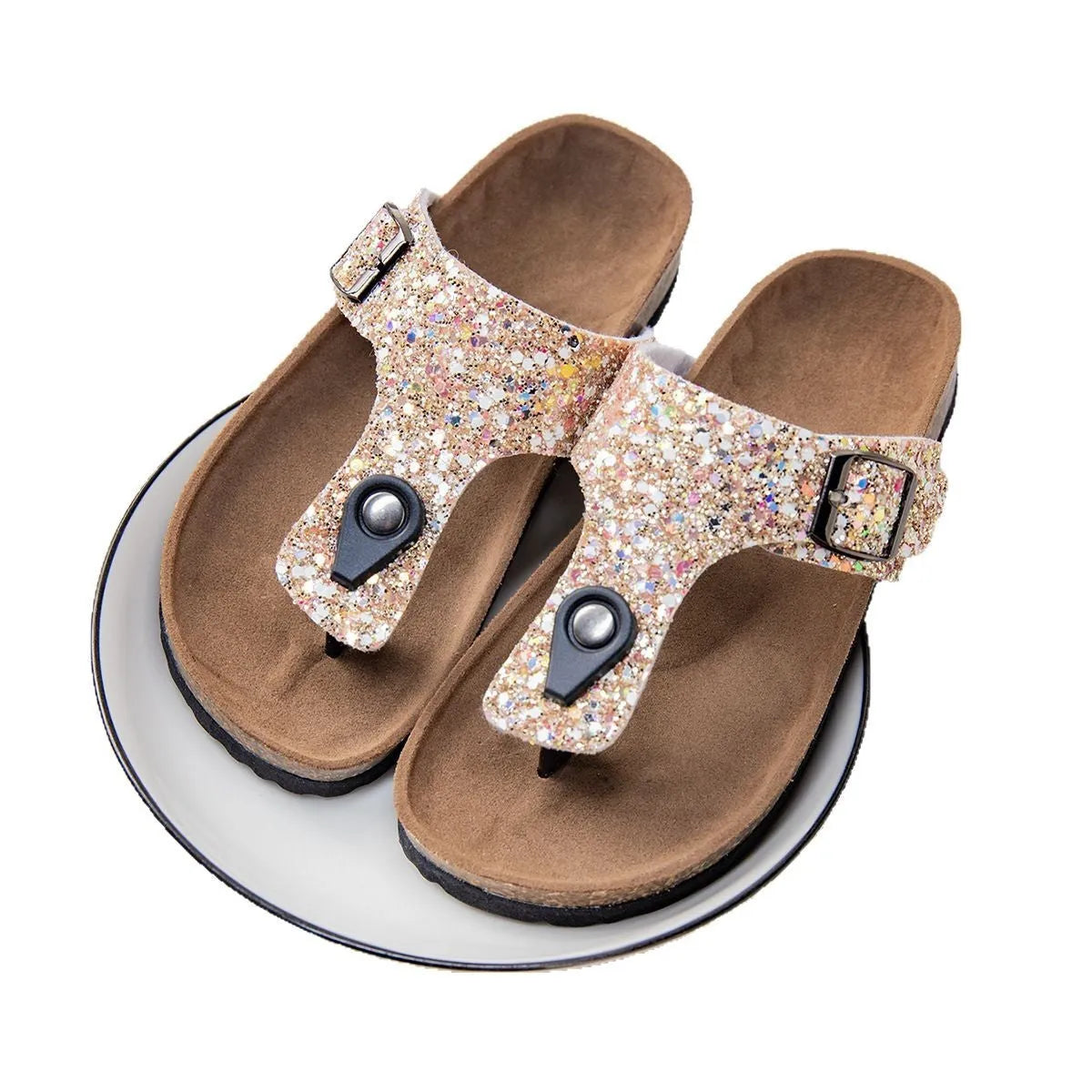 Gold cork flip-flops with a frosted artificial leather upper and a textured PVC sole.