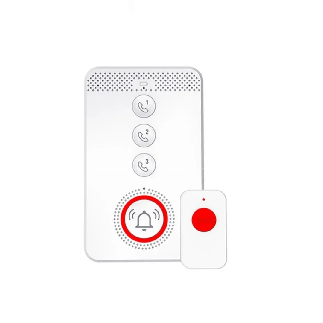 White wireless emergency alert device with buzzer unit and three emergency call buttons for elderly safety