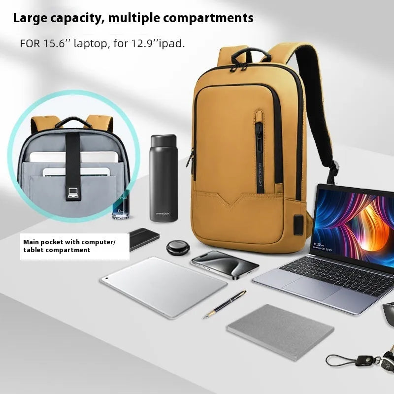 Men's lightweight polyester laptop backpack with USB port in black, shown in 14-inch size.