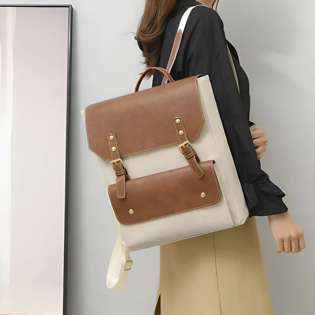 Korean style retro backpack in brown colour showing ventilation back panel and soft PU construction