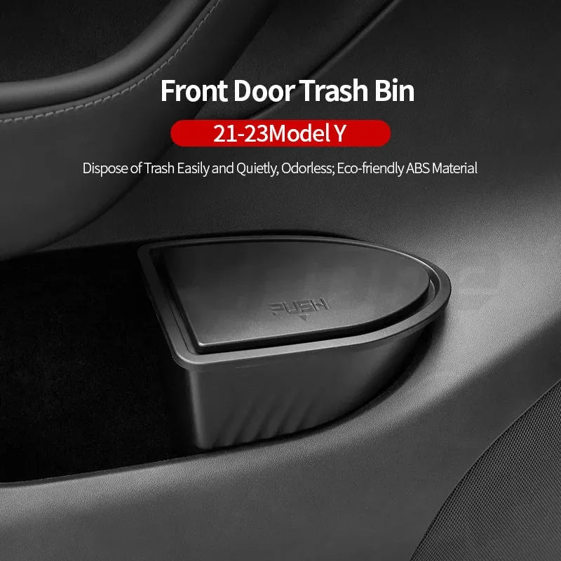 Two black plastic car door storage containers for Tesla Model Y