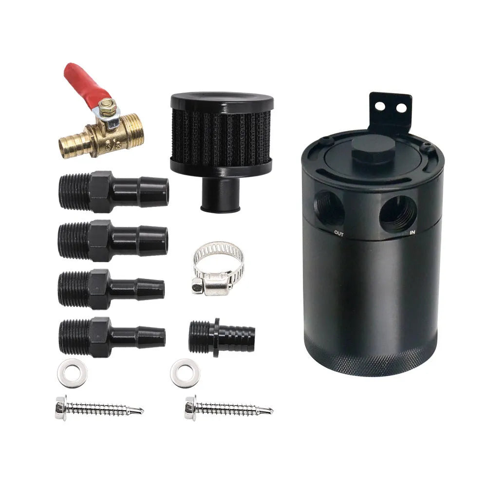 Black aluminium two hole automotive oil can with oil-free valve and connectors.