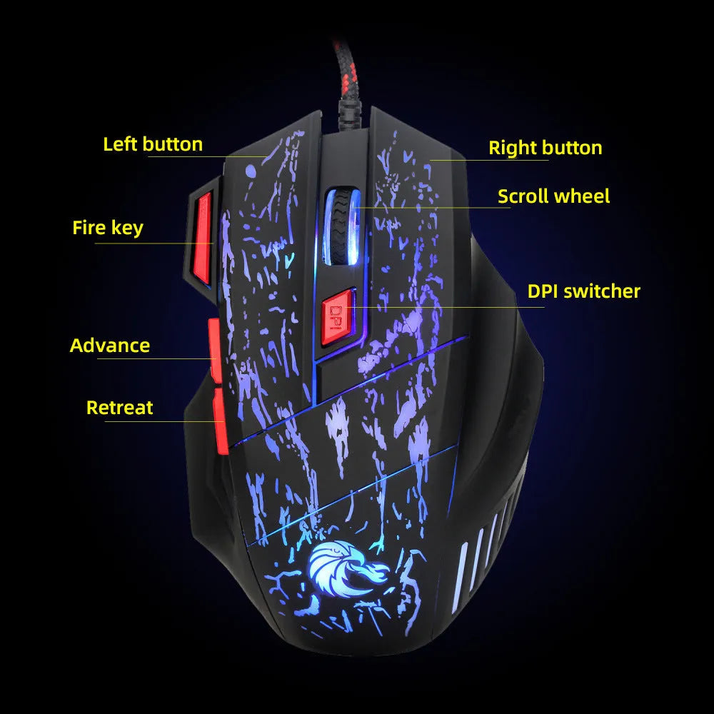Water crack luminous gaming mouse with colourful design and ergonomic shape for desktop computers