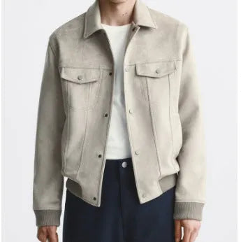 Suede velvet commuter jacket in mink colour with long sleeves, shown on a model.