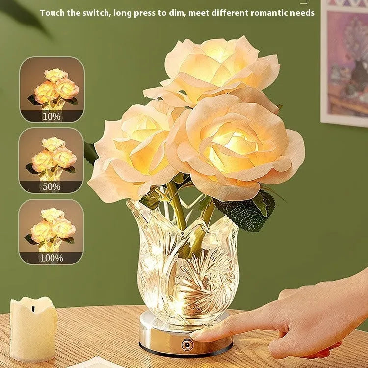 Modern crystal flowers design table lamp with touch dimmer control on wooden surface