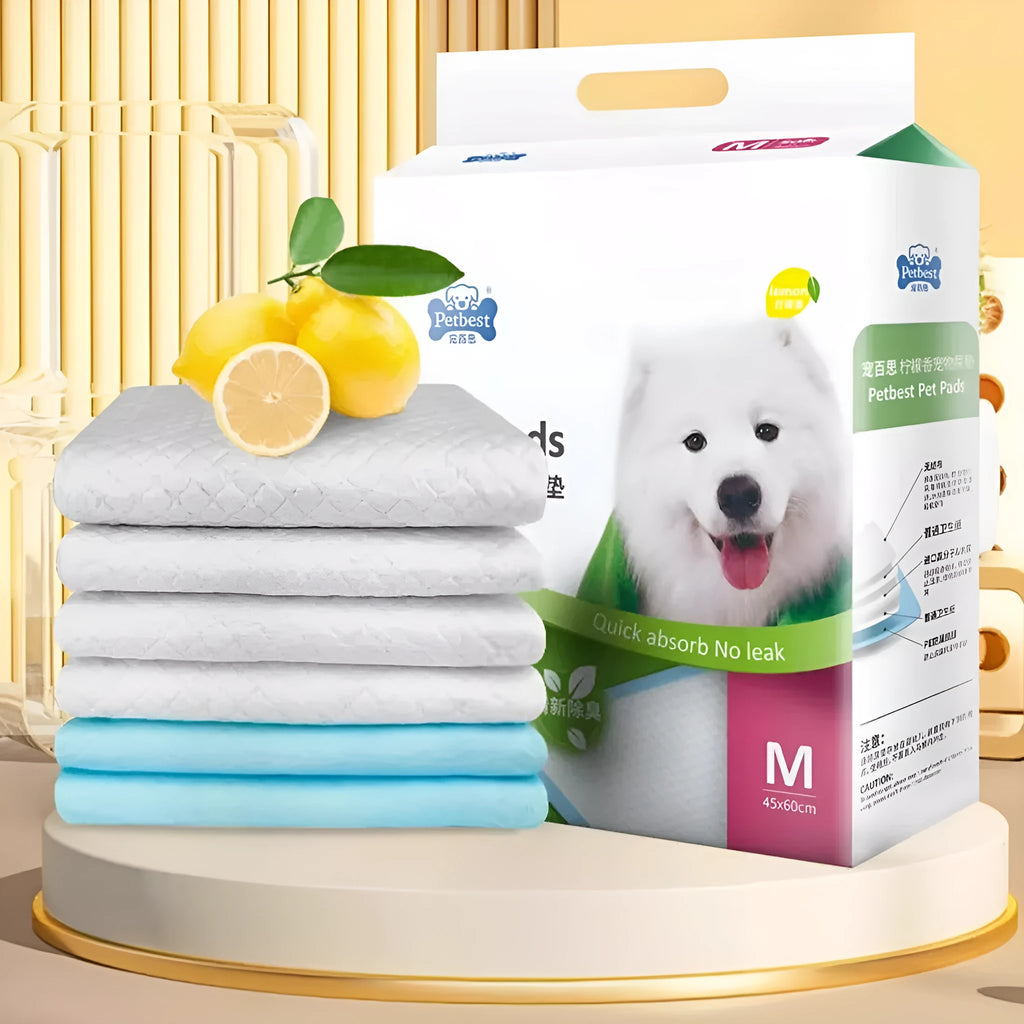 Pack of adhesive-backed dog urine pads showing size comparison between S, M, L and XL options