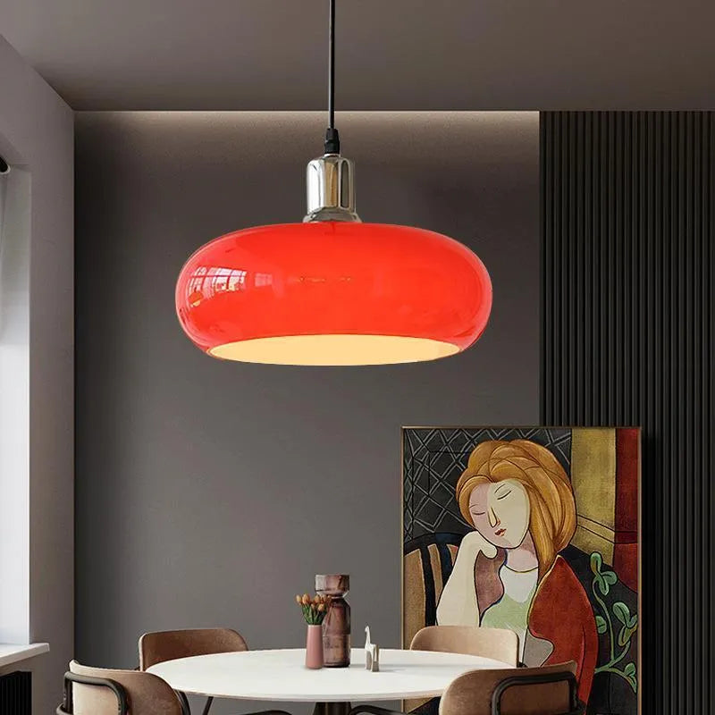 Bauhaus retro style glass pendant ceiling light with three egg tart shaped shades in milk white finish.