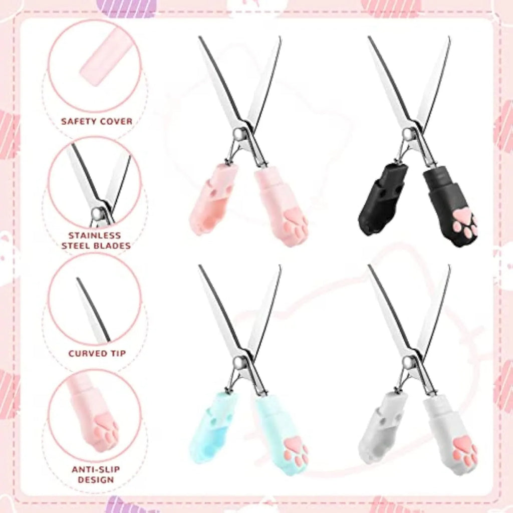 Cat paw folding safety scissors with stainless steel blades in four colour options