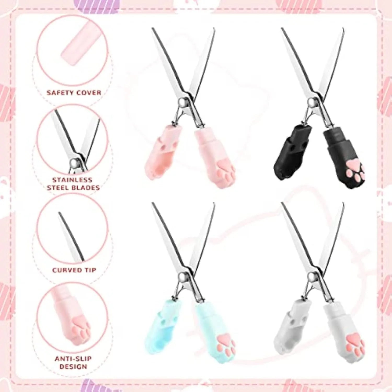 Cat paw folding safety scissors with stainless steel blades in four colour options