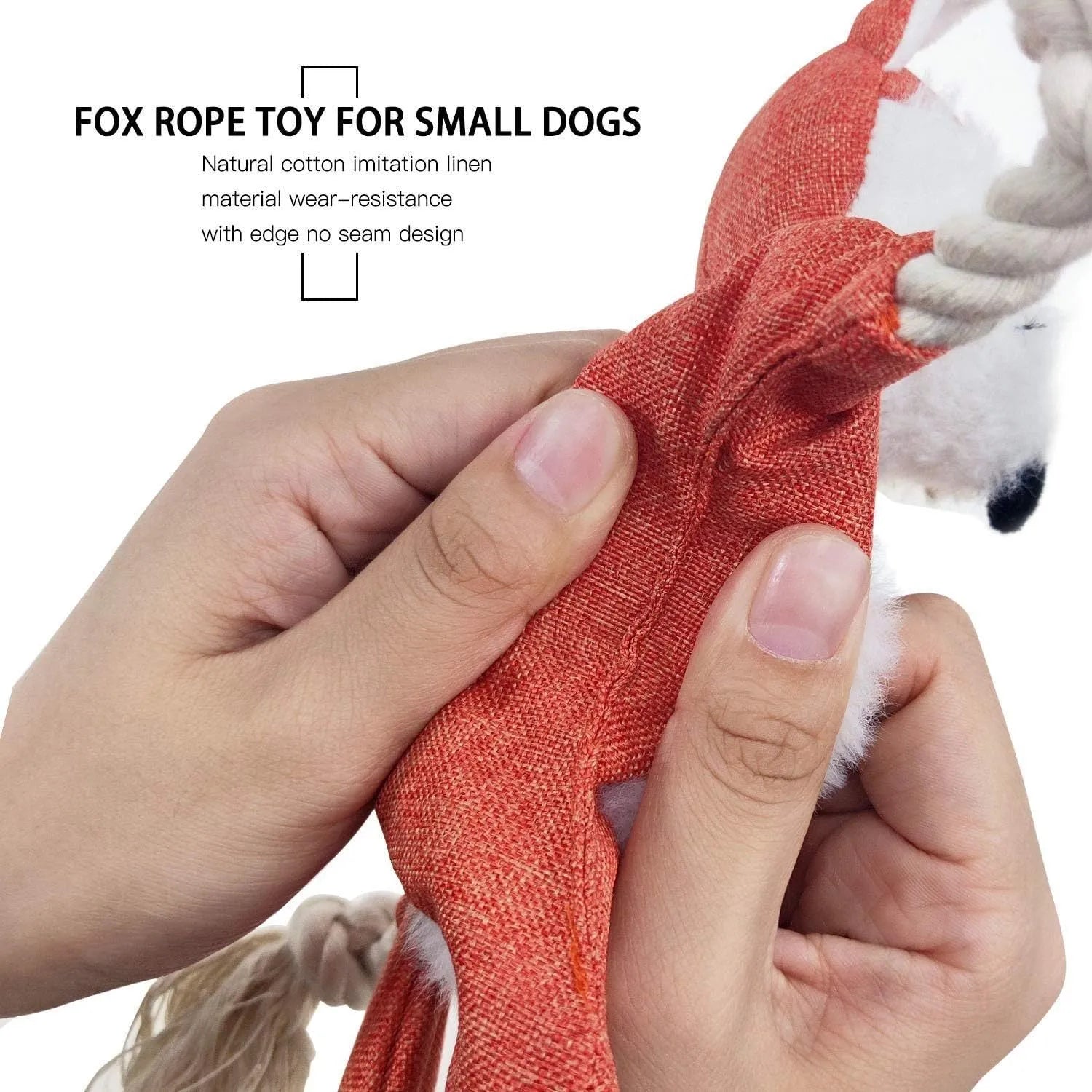 Brown plush fox dog toy with embroidered eyes, cotton rope limbs, and a squeaker.
