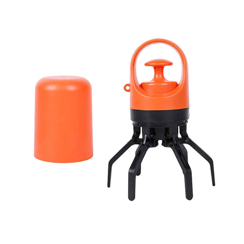 Blue pet waste scooper with claw mechanism and built-in bag dispenser for outdoor clean-up