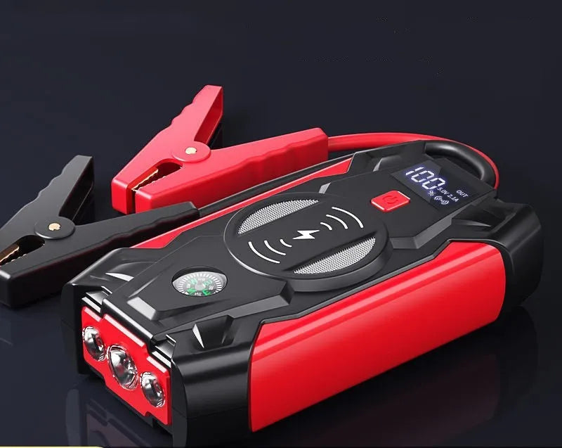 Red 12V car jump starter power bank with digital display and air compressor function