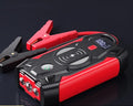 Red 12V car jump starter power bank with digital display and air compressor function