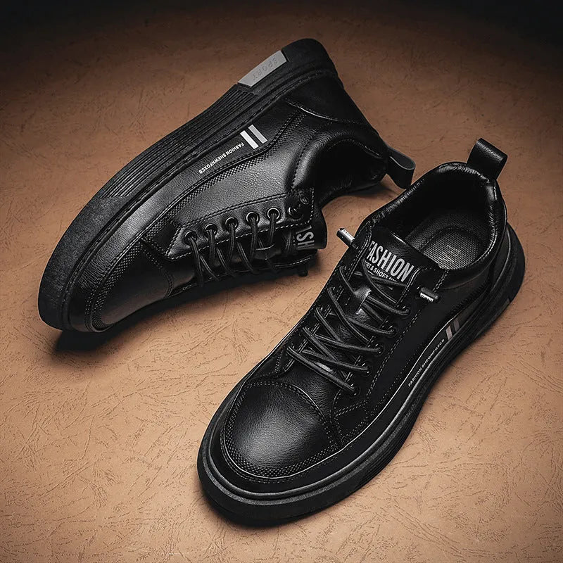 Men's white and black microfiber skateboard shoes with elastic band closure and rubber sole