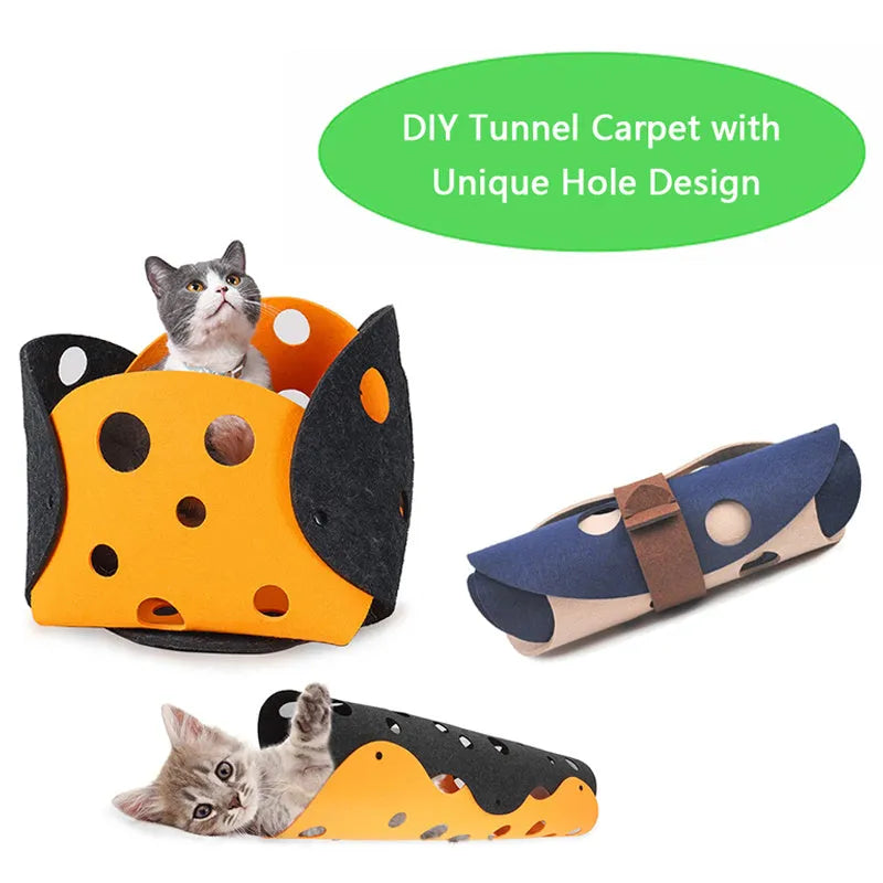 Deformable felt cat tunnel with peepholes in cement grey and orange, assembled on floor