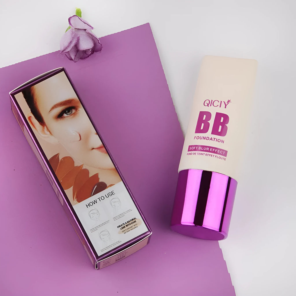 Feeding bottle of liquid foundation BB cream in one of ten available shades for brightening and concealing.