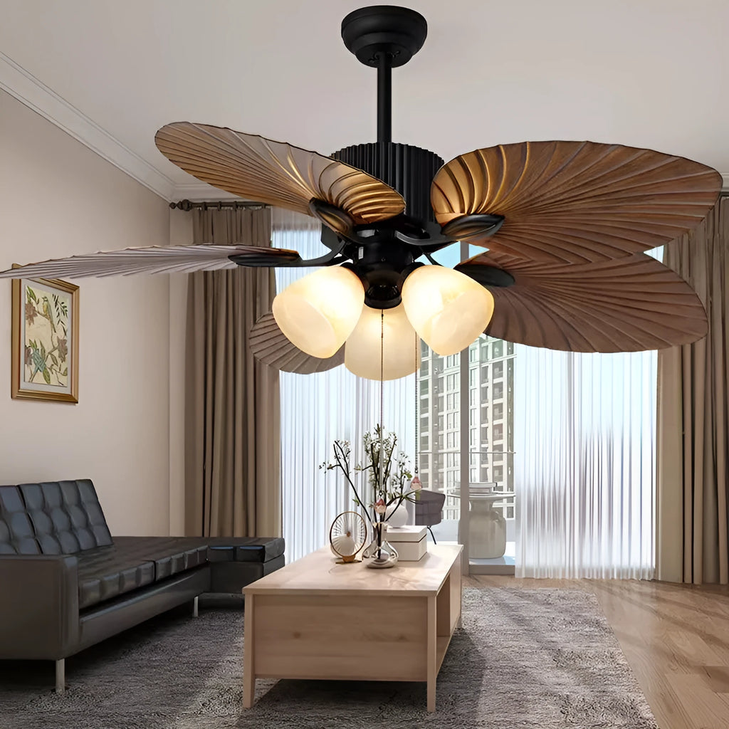 52-inch retro ceiling fan light with wooden blades and copper lampshade lighting
