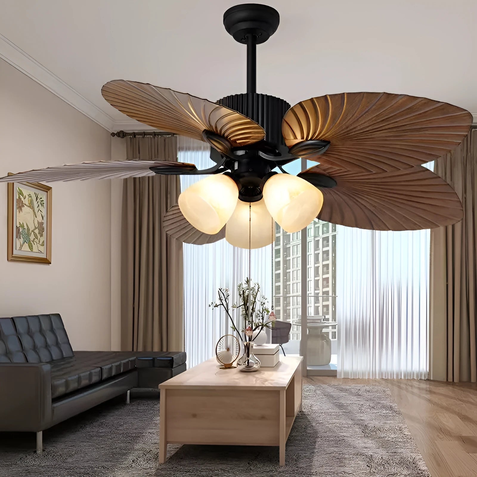 52-inch retro ceiling fan light with wooden blades and copper lampshade lighting