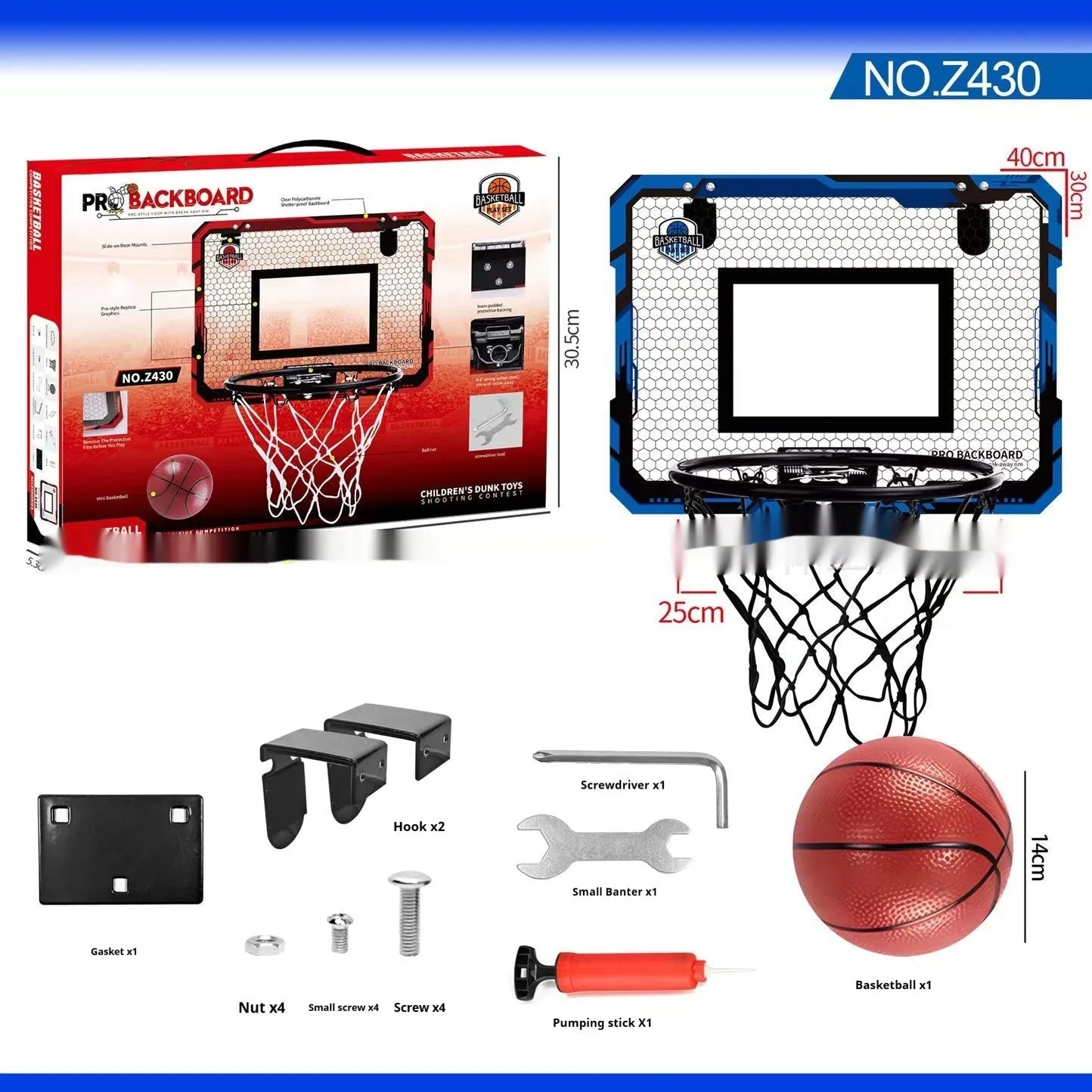 Red and blue folding basketball frame toy with suction cups mounted on a wall, shown with a basketball.