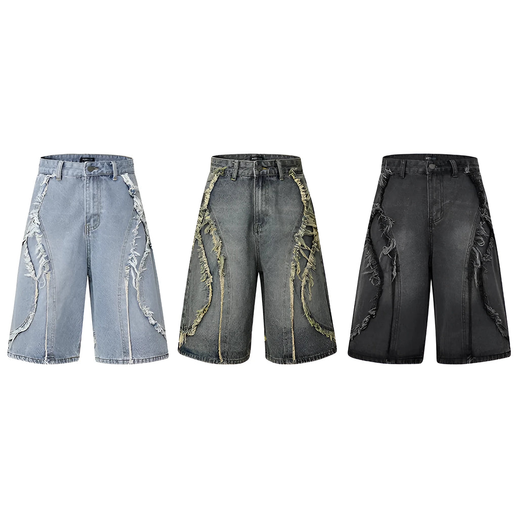 Distressed raw edge denim shorts in a straight leg cropped cut, shown in light blue colour.