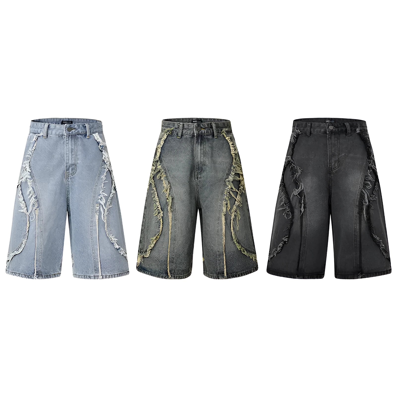 Distressed raw edge denim shorts in a straight leg cropped cut, shown in light blue colour.