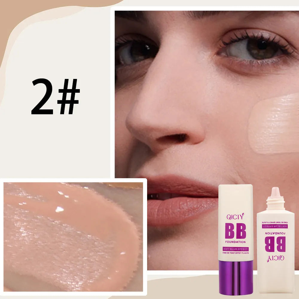 Feeding bottle of liquid foundation BB cream in one of ten available shades for brightening and concealing.