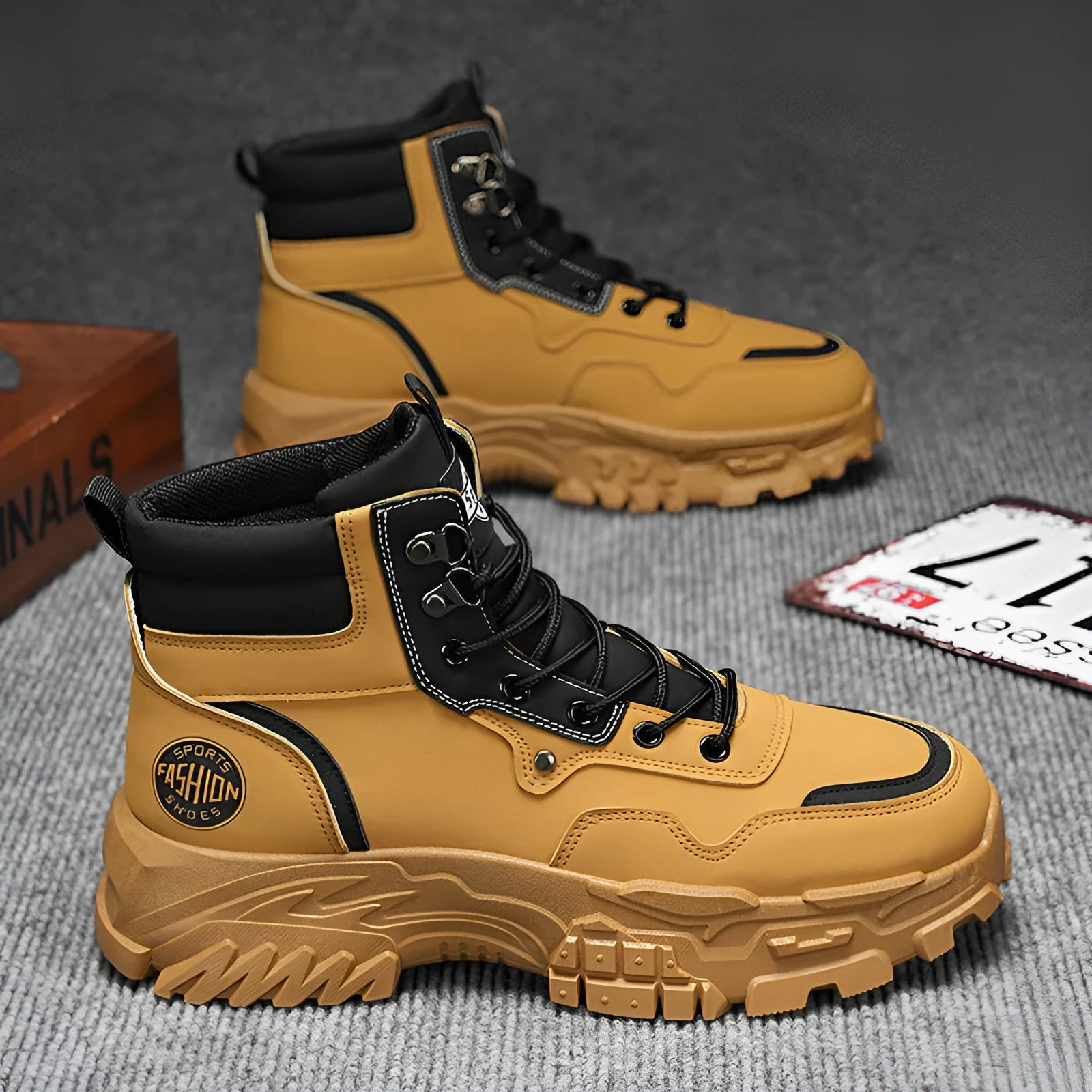Men's black and yellow Martin boots with artificial PU upper and injection moulded sole