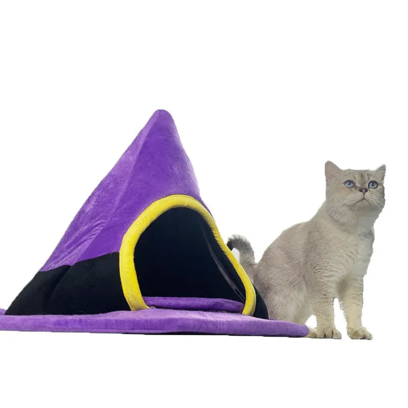 Purple Halloween witch hat shaped cat nest measuring 60x45cm