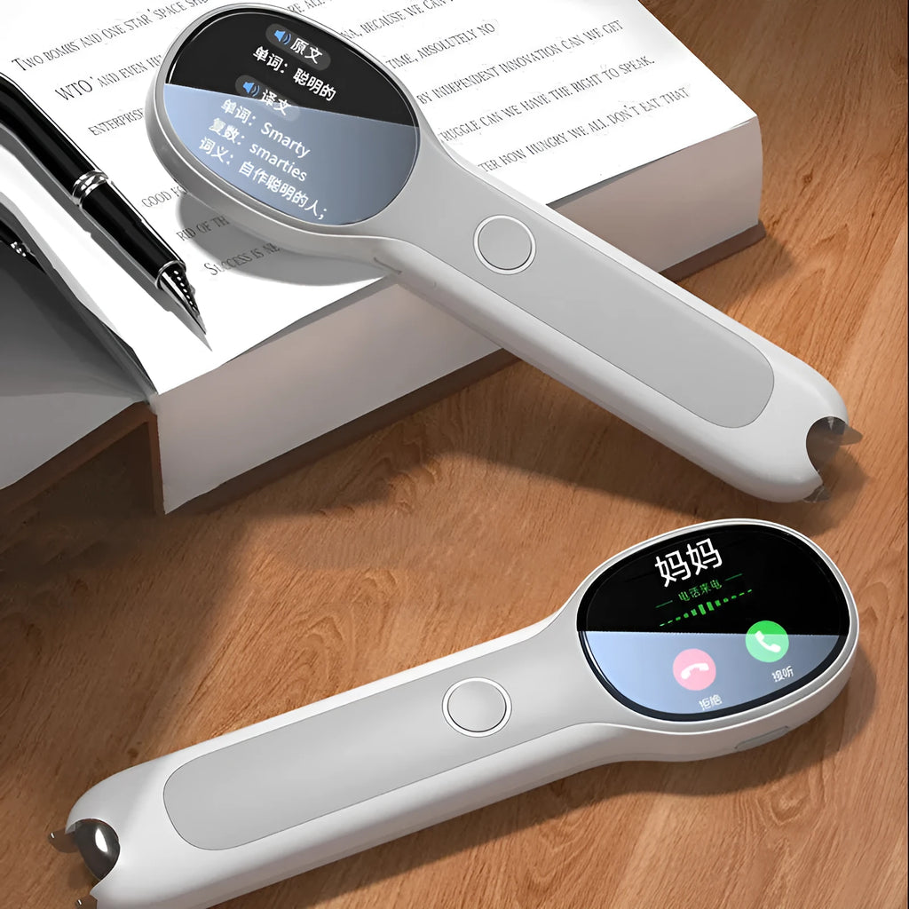 White Universal Reading Pen for English learning and Chinese translation on a book