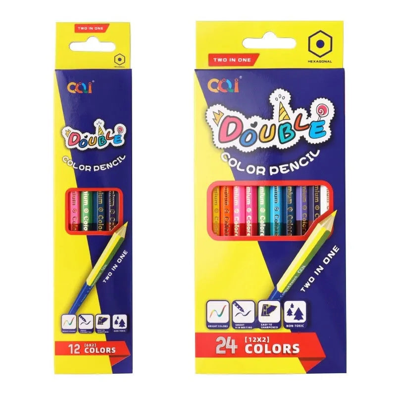 Set of double-ended wooden colour pencils showing two colour tips, suitable for student and studio art projects