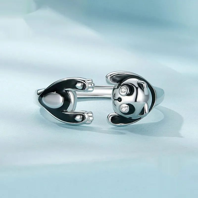 Sterling silver panda ring bracelet with adjustable opening and white gold plating